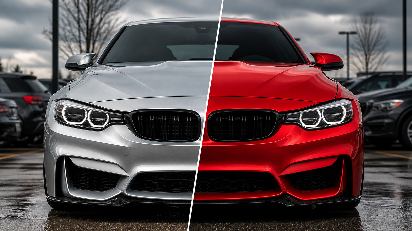 Silver vehicle transformed with a red vinyl wrap