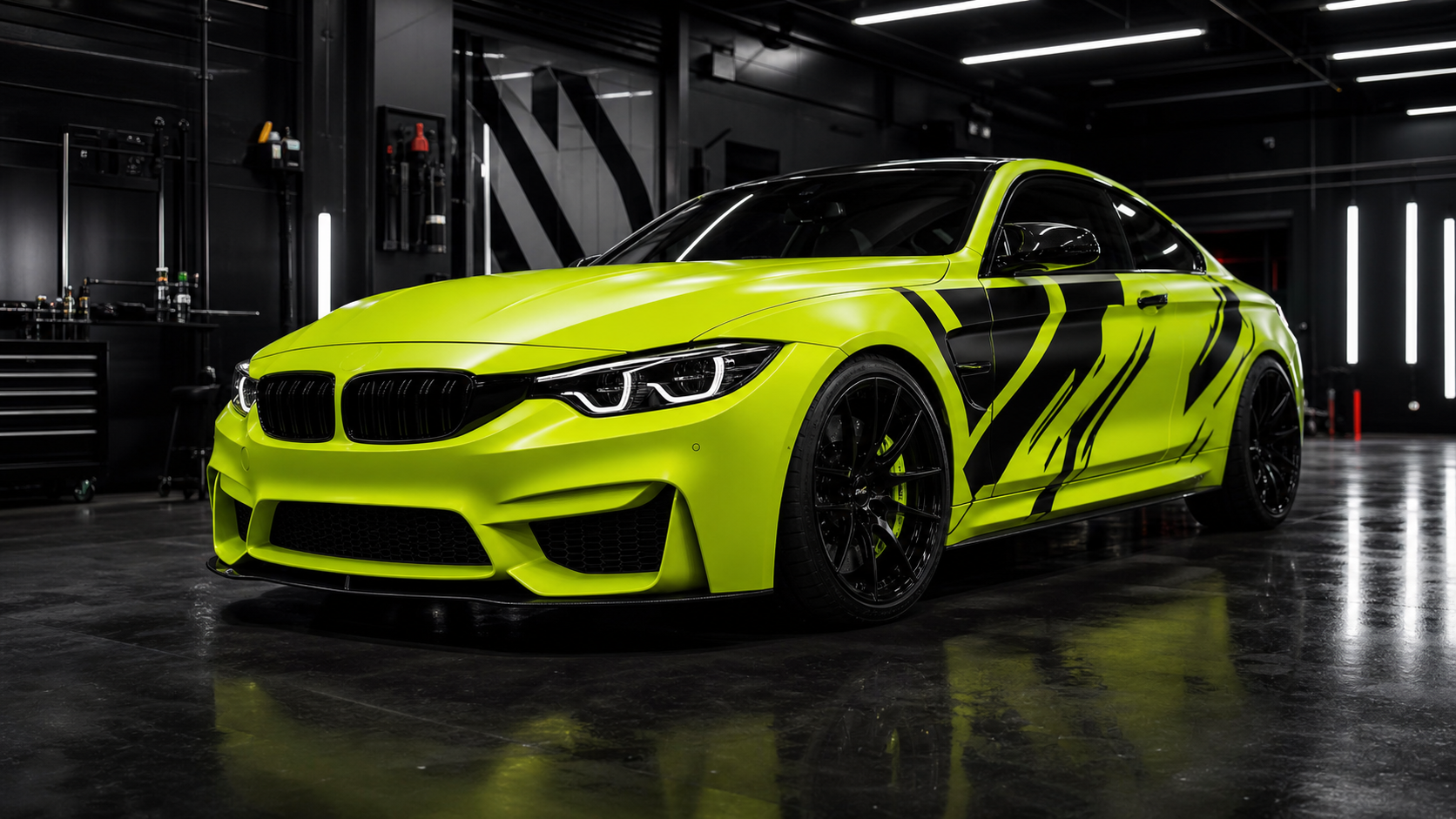 Neon yellow wrapped performance coupe